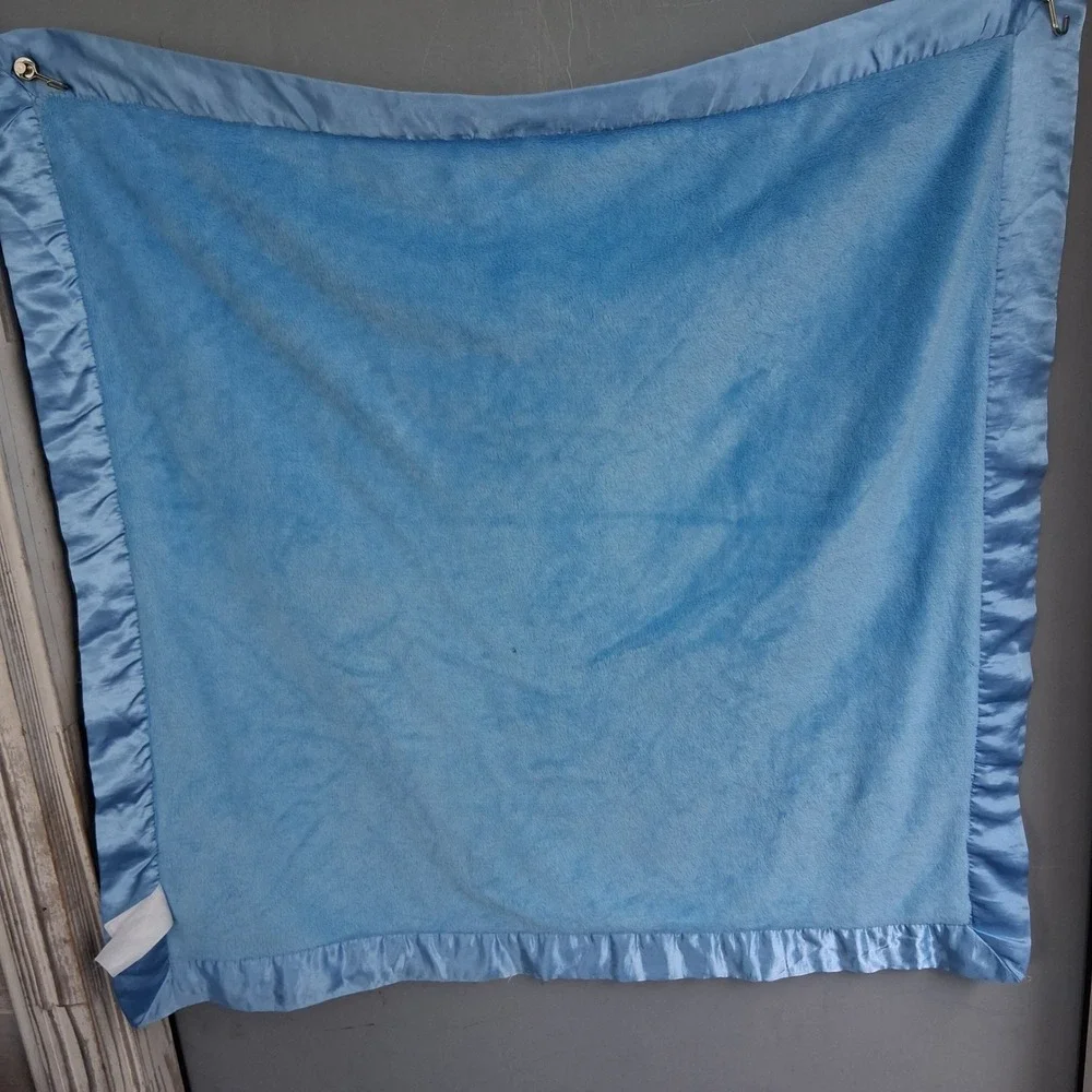 Vtg Y2K Blue Grey Patchwork Lion Baby Security Blanket Dot Satin Trim Lovey